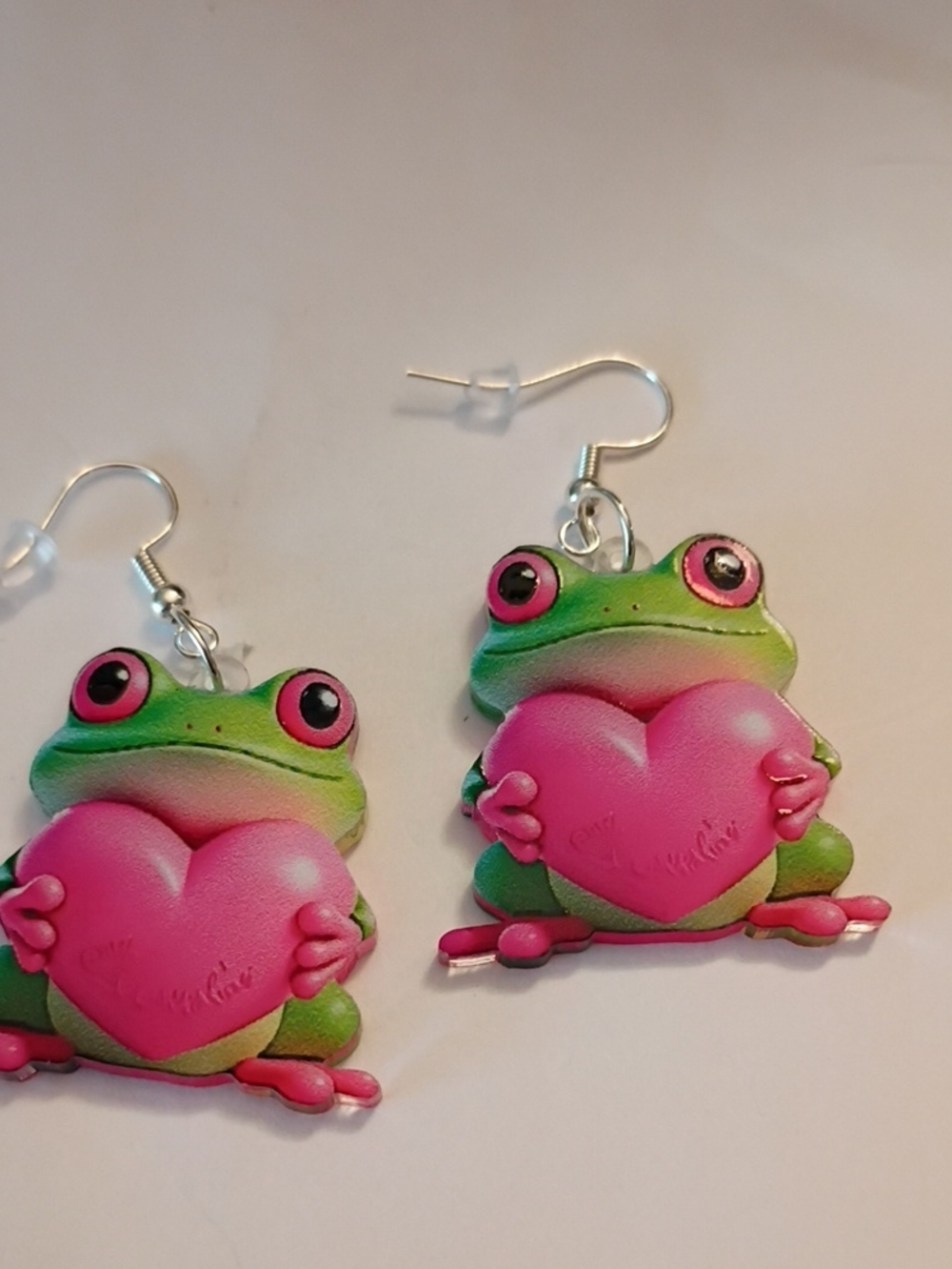 Green & Pink Frog Heart Dangle Earrings
